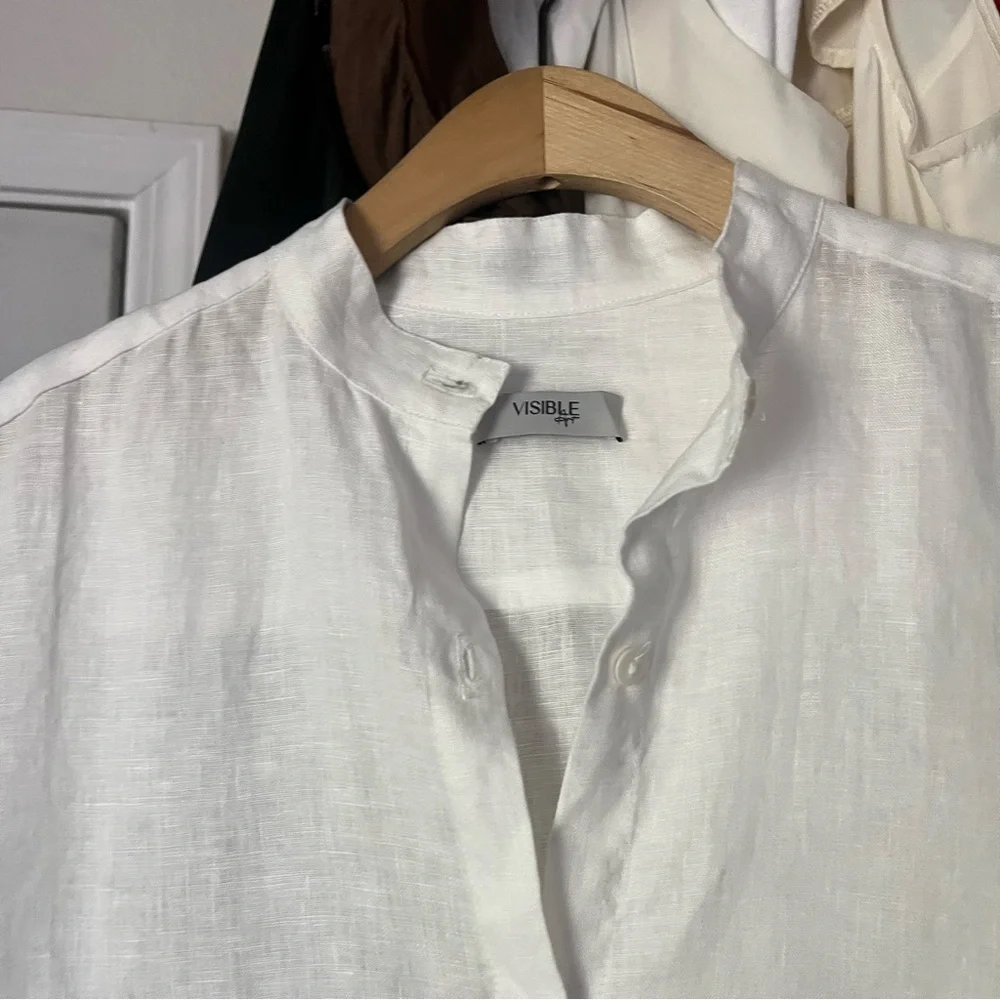 VISIBLE ART white linen mandarin collar button up long sleeve shirt‎